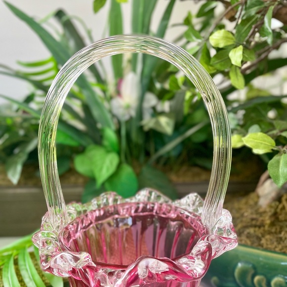 Mid-Century Modern Hand Blown Lead Crystal Cranberry Basket - Picture 3 of 11